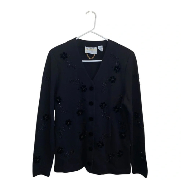 vintage Marissa Cristina knits black beaded floral cardigan holiday sweater - Picture 3 of 9